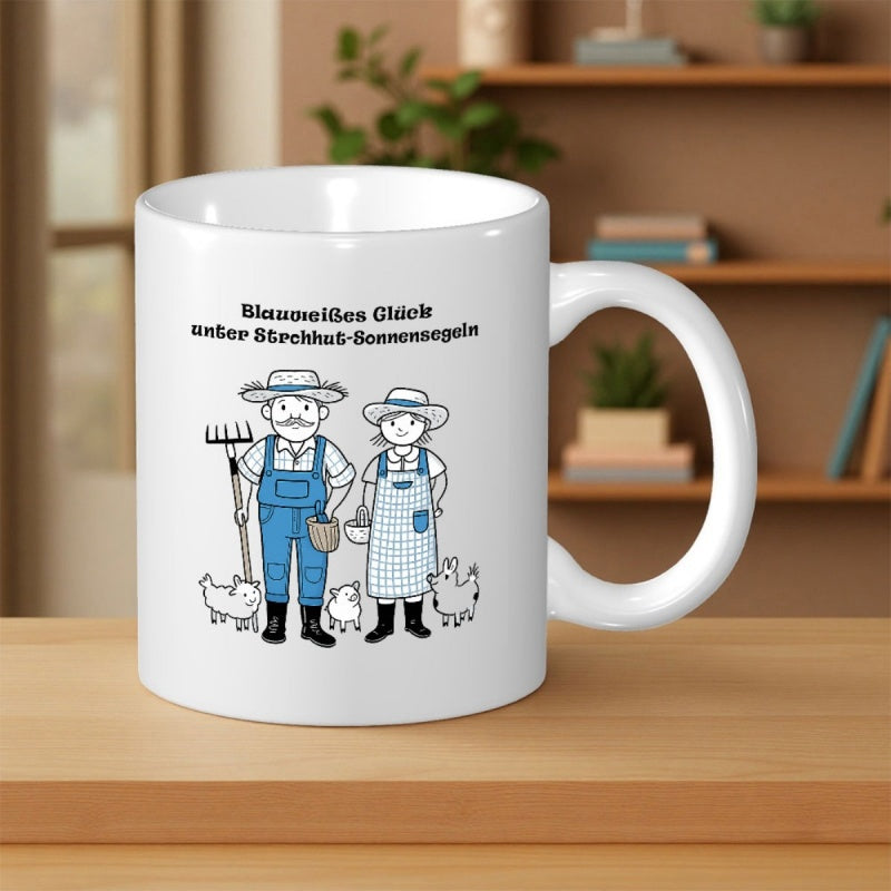 Tailorly White Ceramic 11 oz Mug - Simple Line Art Cartoon Farmers Tending To Small Backyard Chickens Couple