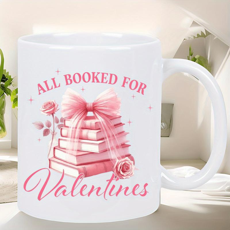 Tailorly White Ceramic 11 oz Mug - All Booked For Valentines Stack Of Pink Books Decorated With Silk Bow And Delicate Roses Books