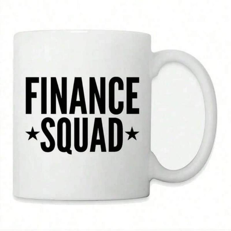 Tailorly White Ceramic 11 oz Mug - Finance Squad Simple Minimalist White Ceramic Vessel Featuring Bold Black Block Lettering Star Mug