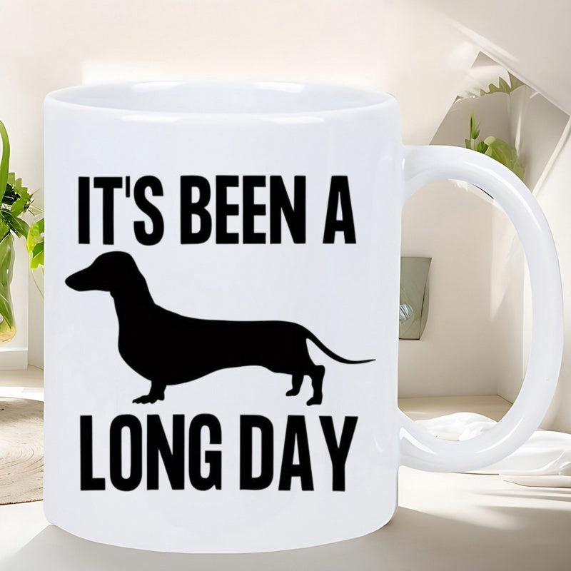 Tailorly White Ceramic 11 oz Mug - Its Been A Long Day Minimalist Black Silhouette Of A Long Body Stretching Dachshund