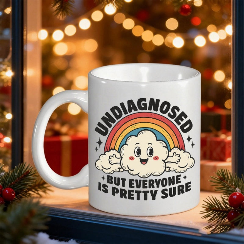 Tailorly White Ceramic 11 oz Mug - Undiagnosed But Everyone Is Pretty Sure Cartoon Smiling Cloud Under Vibrant Rainbow Surrounded By Tiny Stars Mug