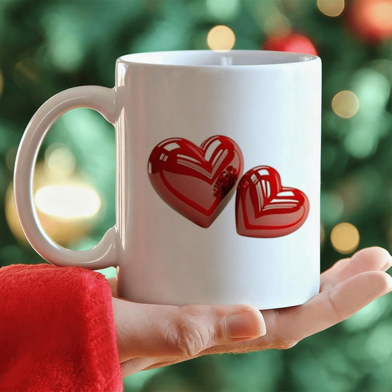 Tailorly White Ceramic 11 oz Mug - Glossy Red Three Dimensional Hearts Floating Against Clean Heart