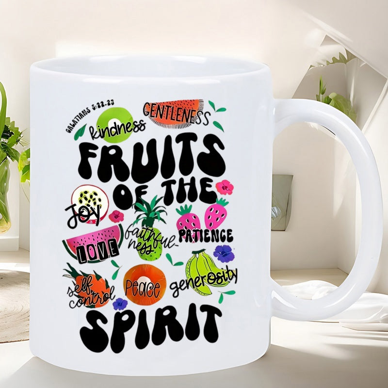 Tailorly White Ceramic 11 oz Mug - Fruits Of The Spirit Gentleness Kindness Joy Love Patience Peace Faithfulness Self Control Generosity Galatians Colorful