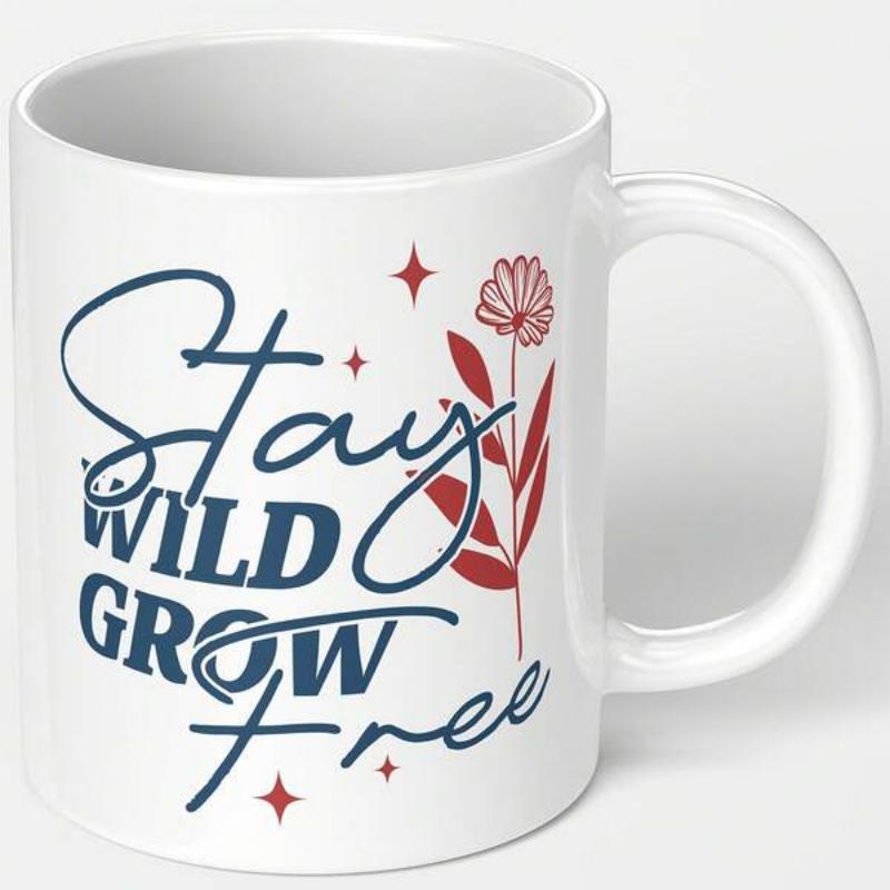 Tailorly White Ceramic 11 oz Mug - Stay Wild Grow Free Minimalist Botanical Illustration Featuring Delicate Petals And Red Leaves Flower