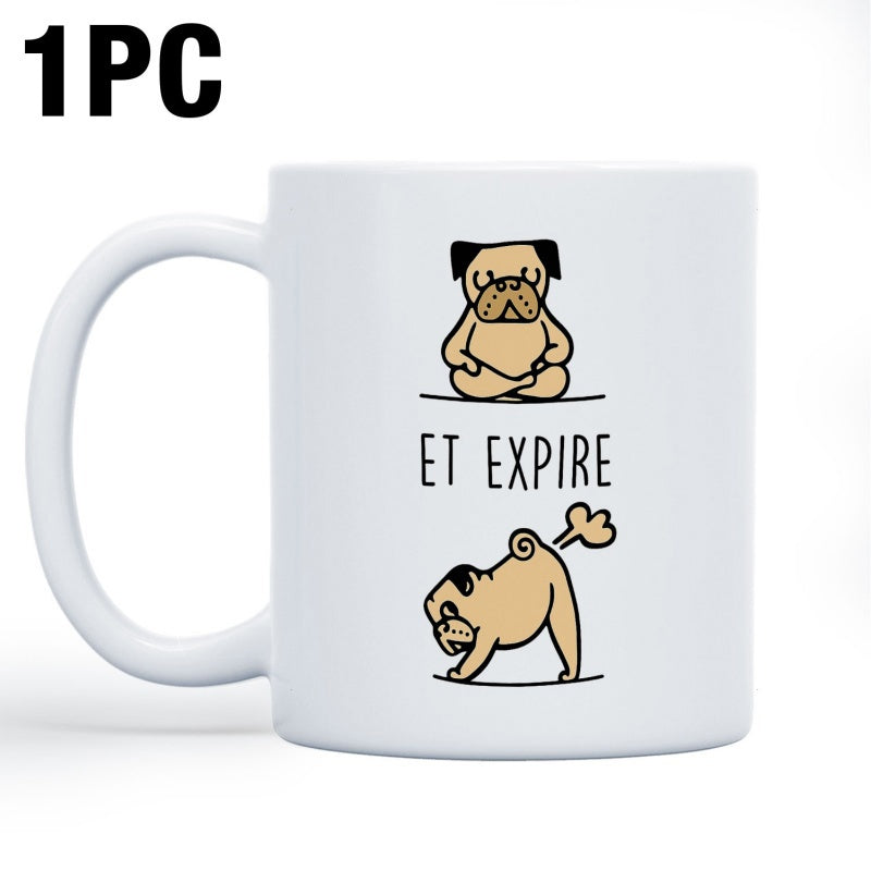 Tailorly White Ceramic 11 oz Mug - Et Expire Humorous Cartoon Dogs Performing Yoga Poses In Minimalist Line Art Style Pug