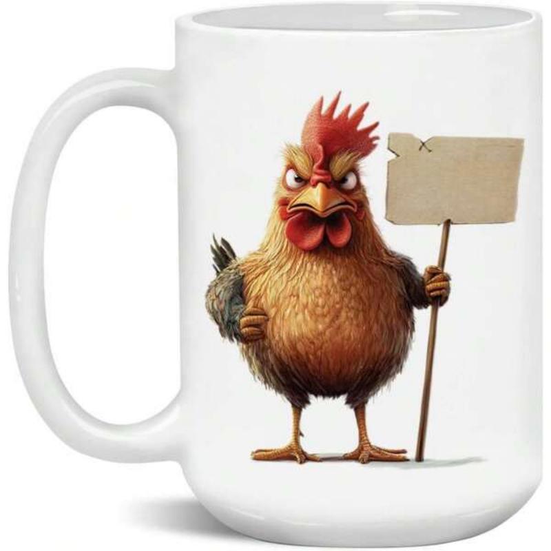 Tailorly White Ceramic 11 oz Mug - Angry Animated Brown Bird Holding A Blank Wooden Sign Board Rooster