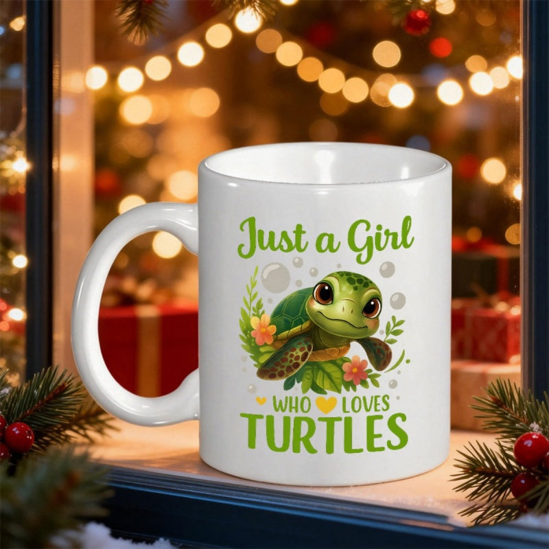Tailorly White Ceramic 11 oz Mug - Just A Girl Who Loves Turtles Cute Green Sea Turtle Surrounded By Tropical Flowers And Bubbles Turtle