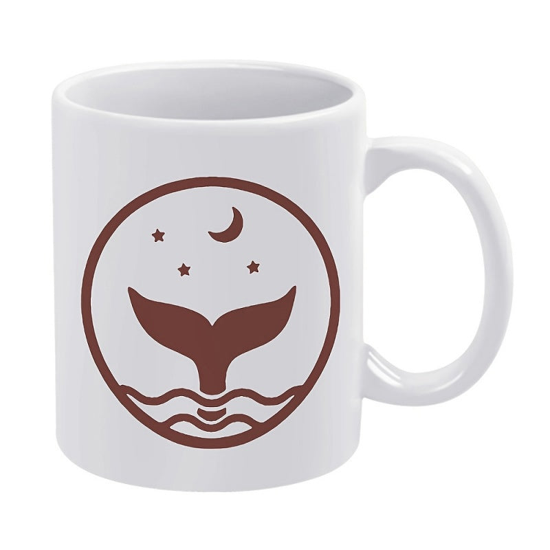 Tailorly White Ceramic 11 oz Mug - Minimalist Circular Graphic Featuring Majestic Tail Among Waves Under Starry Night Whale