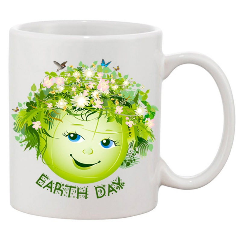 Tailorly White Ceramic 11 oz Mug - Earth Day Green Smiling Face With Beautiful Floral Crown And Tiny Flying Butterflies Earth