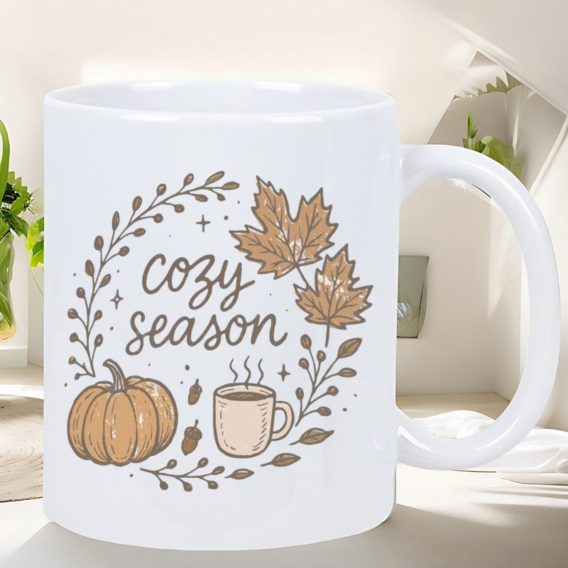 Tailorly White Ceramic 11 oz Mug - Cozy Season Warm Autumn Elements Arranged In A Circular Vine Frame With A Rustic Hand Drawn Pumpkin