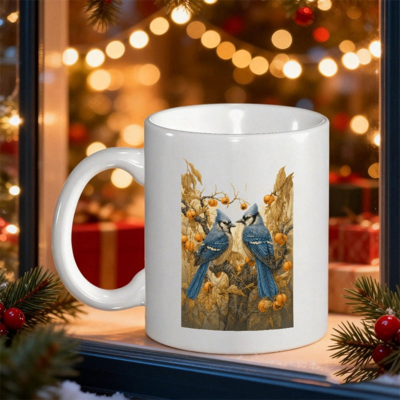 Tailorly White Ceramic 11 oz Mug - Two Elegant Blue Birds Perched On Golden Autumn Branches Among Berries Blue Jay