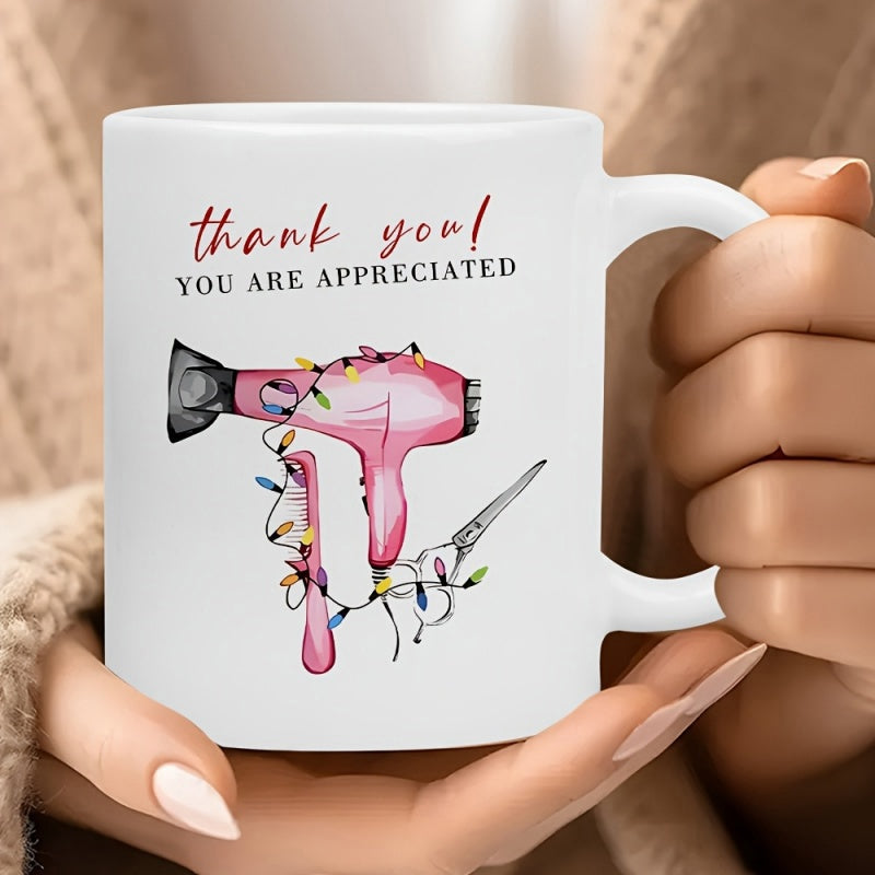 Tailorly White Ceramic 11 oz Mug - Thank You You Are Appreciated Pink Professional Styling Tools Wrapped In Festive Glowing Christmas Lights Hair Dryer