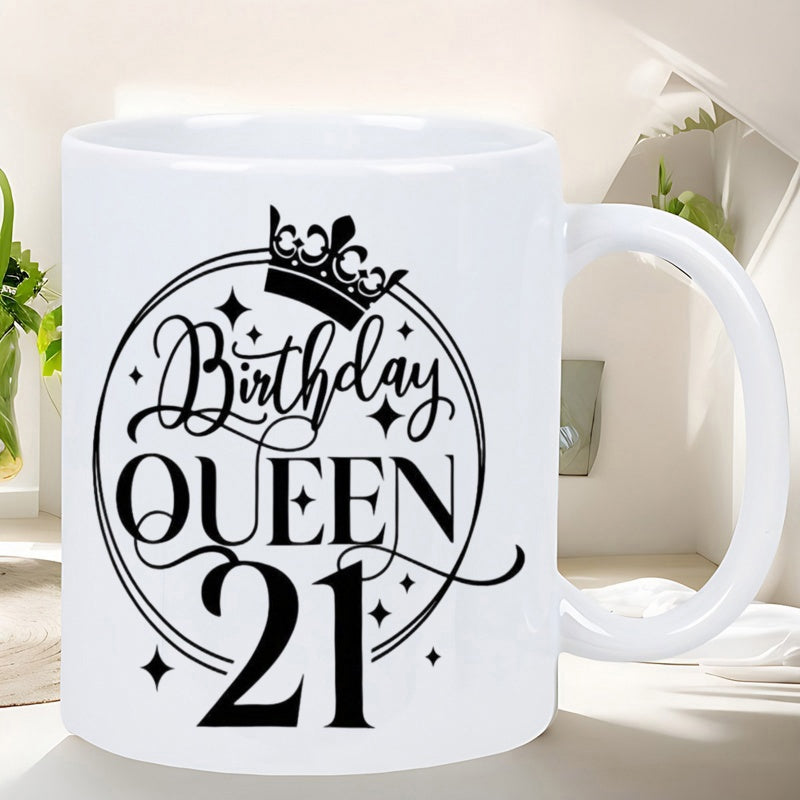 Tailorly White Ceramic 11 oz Mug - Birthday Queen 21 Elegant Royal Tiara Featuring Sparkling Stars Within A Minimalist Circular Frame Crown