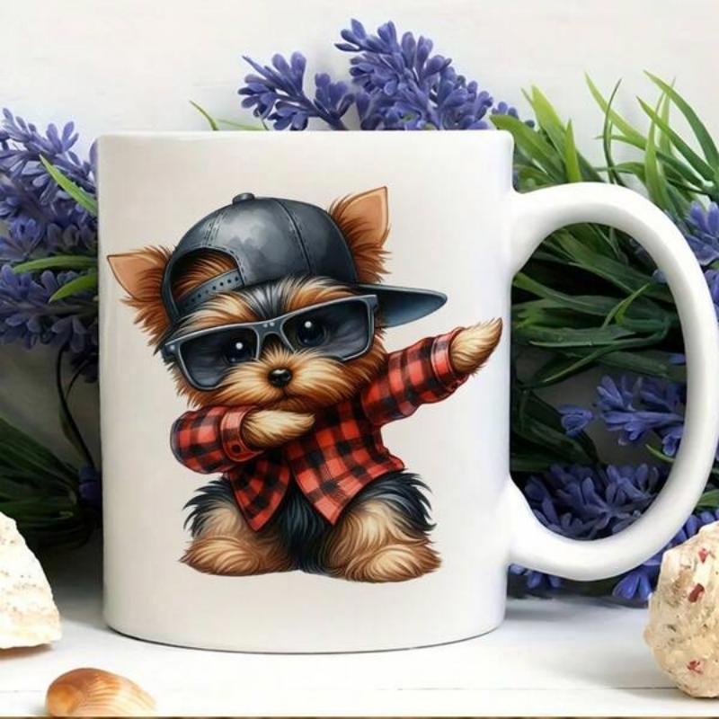 Tailorly White Ceramic 11 oz Mug - Cool Little Puppy Wearing A Cap And Red Flannel Shirt Dabbing Dog