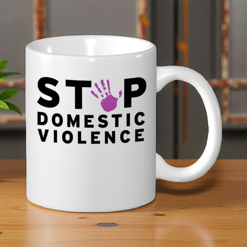 Tailorly White Ceramic 11 oz Mug - Stop Domestic Violence Bold Black Lettering With A Purple Awareness Symbol Handprint