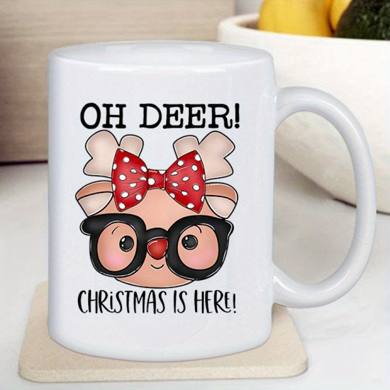 Tailorly White Ceramic 11 oz Mug - Oh Deer Christmas Is Here Cute Reindeer Wearing Black Glasses And Red Polka Dot Bow Reindeer