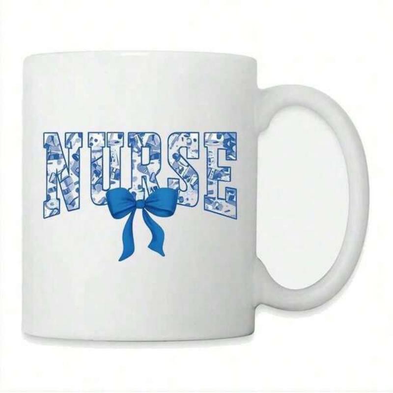 Tailorly White Ceramic 11 oz Mug - Nurse Elegant Block Letters Filled With Blue Patterns And A Soft Bow Nurse