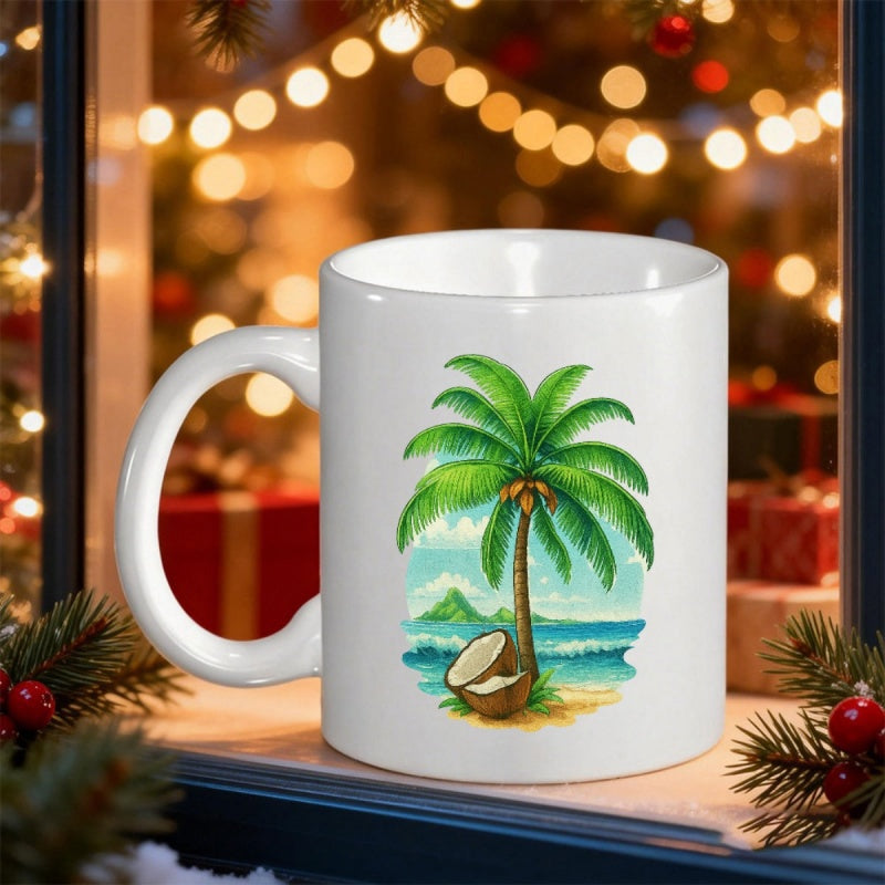 Tailorly White Ceramic 11 oz Mug - Tropical Vibrant Leaves With Open Coconut On Sunny Beach Island Palm Tree