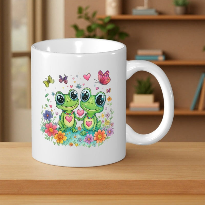 Tailorly White Ceramic 11 oz Mug - Sweet Pair Of Green Frogs Surrounded By Colorful Hearts And Flowers Frog