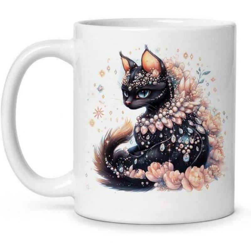 Tailorly White Ceramic 11 oz Mug - Elegant Black Cat Adorned With Sparkling Jewels And Delicate Blooming Flowers Cat