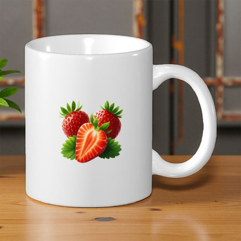 Tailorly White Ceramic 11 oz Mug - Vibrant Red Garden Fresh Fruit With Green Leaves Sliced Strawberry