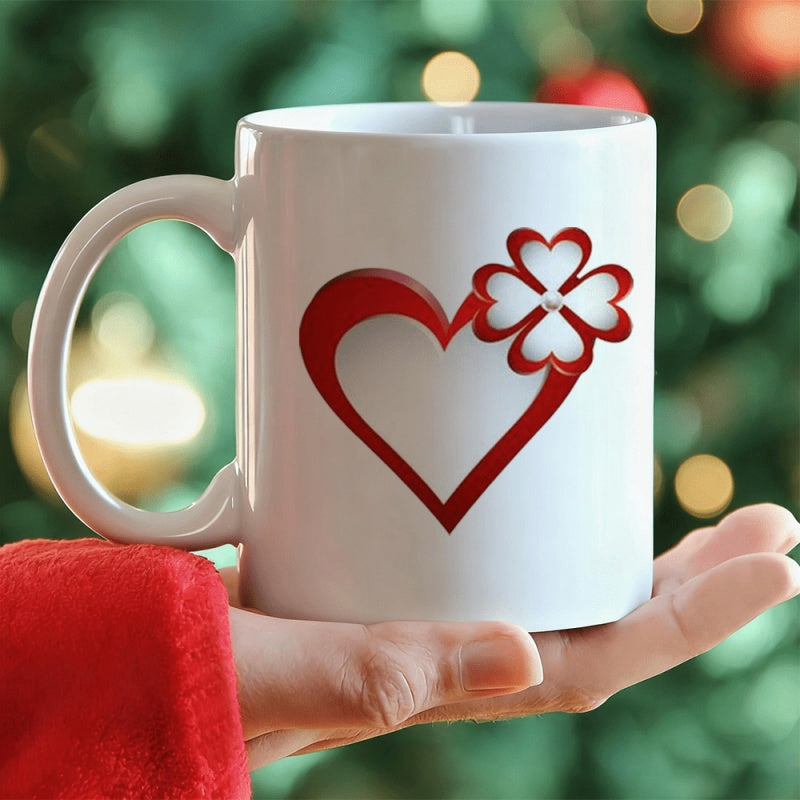 Tailorly White Ceramic 11 oz Mug - Vibrant Red Outline Design Combined With Elegant Four Leaf Clover Floral Heart