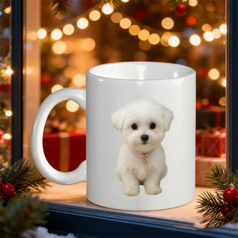 Tailorly White Ceramic 11 oz Mug - Fluffy Little White Puppy Sitting Calmly Against A Clean White Background Dog