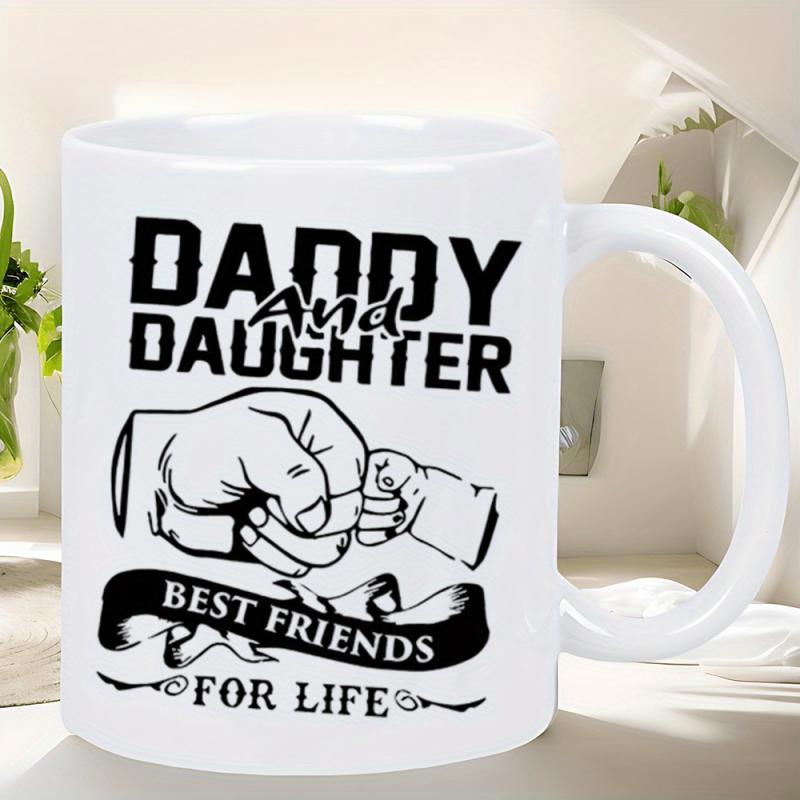Tailorly White Ceramic 11 oz Mug - Daddy And Daughter Best Friends For Life Minimalist Black Ink Silhouette Representing A Heartwarming Connection Fist Bump