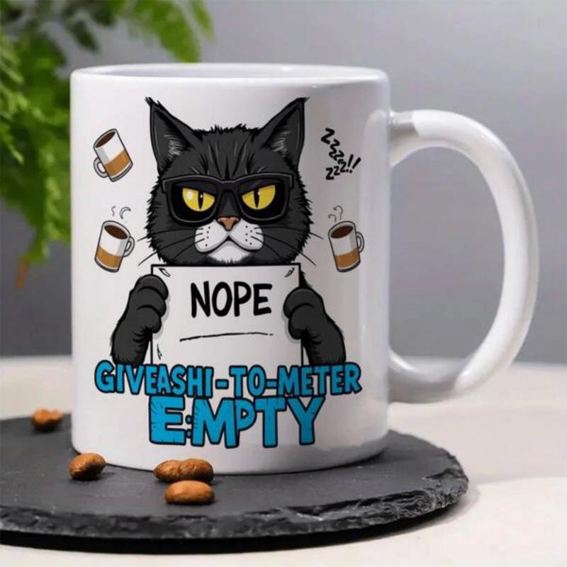Tailorly White Ceramic 11 oz Mug - Nope Giveashi To Meter Empty Grumpy Black Tuxedo Character Holding Sign With Floating Coffee Mugs Cat