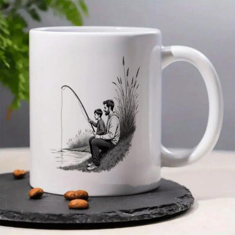 Tailorly White Ceramic 11 oz Mug - Serene Lakeside View With Reeds While Fishing Together Father And Son