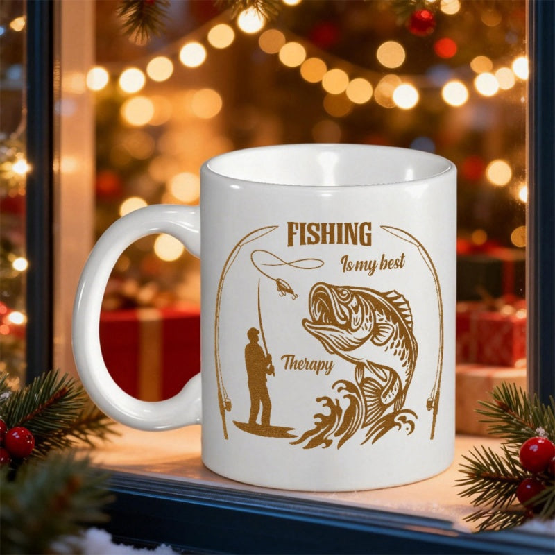 Tailorly White Ceramic 11 oz Mug - Fishing Is My Best Therapy Serene Outdoor Scene With Fisherman Casting Line And Jumping Bass
