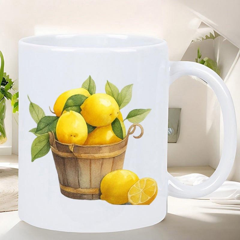 Tailorly White Ceramic 11 oz Mug - Vibrant Yellow Citrus Fruits Nestled Inside A Rustic Wooden Bucket Lemon