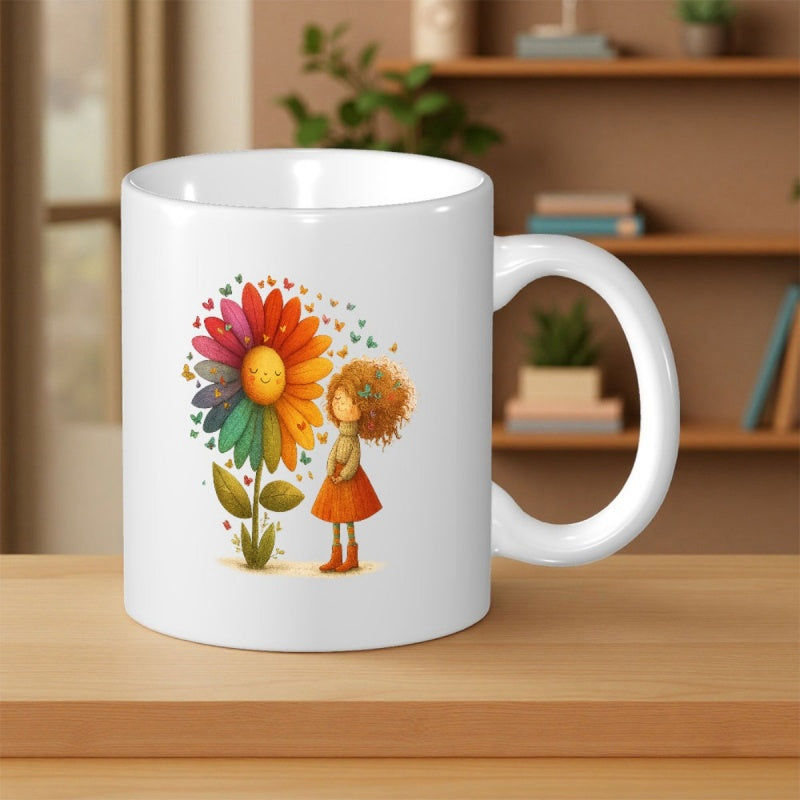 Tailorly White Ceramic 11 oz Mug - Vibrant Rainbow Colored Petals Blooming Beside A Tiny Little Cute Girl Flower