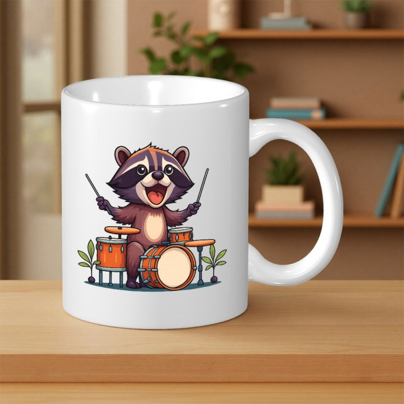 Tailorly White Ceramic 11 oz Mug - Enthusiastic Cartoon Animal Playing Percussion Instruments Under Warm Indoor Lighting Raccoon
