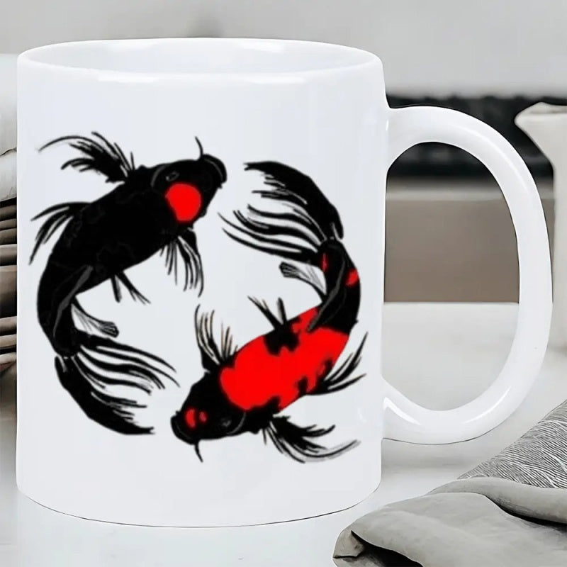 Tailorly White Ceramic 11 oz Mug - Elegant Black And Red Artistic Swimming Circular Motion Oriental Style Koi