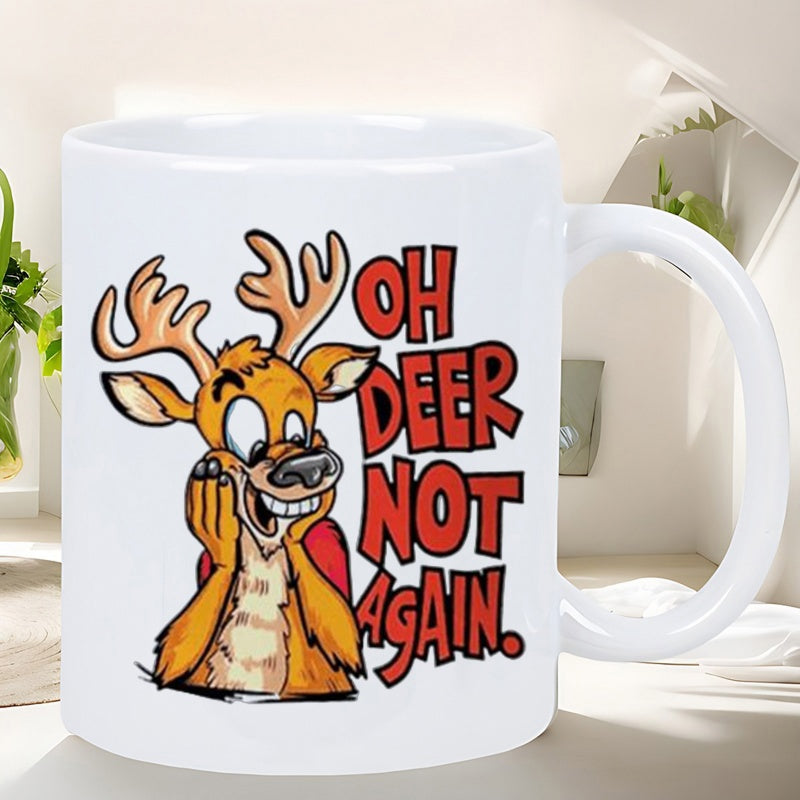 Tailorly White Ceramic 11 oz Mug - Oh Deer Not Again Funny Cartoon Reindeer With Surprised Expression Holding Face Beneath Large Antlers Reindeer