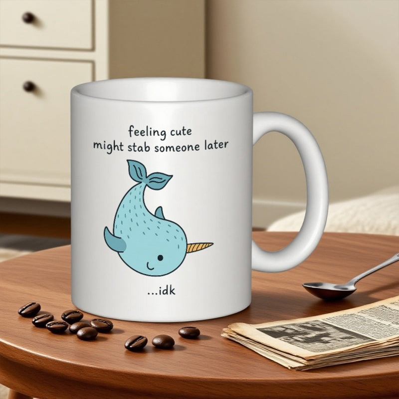 Tailorly White Ceramic 11 oz Mug - Feeling Cute Might Stab Someone Later Idk Adorable Blue Narwhal Swimming Gracefully With A Sharp Golden Tusk Narwhal