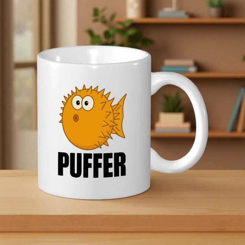 Tailorly White Ceramic 11 oz Mug - Puffer Round Orange Cartoon Sea Creature Featuring Spiky Fins Under Bright Light Pufferfish