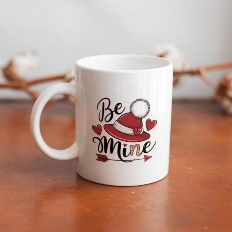 Tailorly White Ceramic 11 oz Mug - Be Mine Festive Red Winter Beanie With Tiny Hearts And A Pointing Arrow Hat