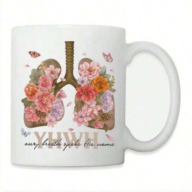 Tailorly White Ceramic 11 oz Mug - YHWH Every Breath Speaks The Name Blooming Roses And Butterflies Among Artistic Anatomical Floral Lungs