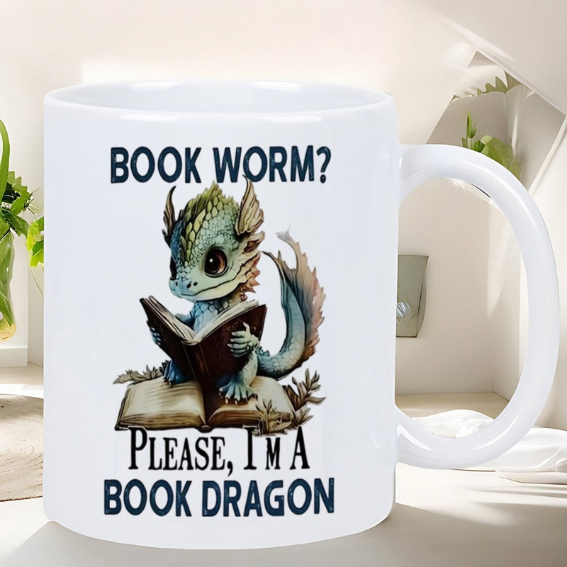 Tailorly White Ceramic 11 oz Mug - Book Worm Please Im A Book Dragon Cute Little Fantasy Creature Reading While Sitting On Open Books Dragon