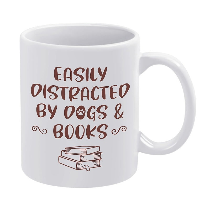 Tailorly White Ceramic 11 oz Mug - Easily Distracted By Dogs Books Hand Drawn Stacked Hardcover Volumes With Delicate Swirls Books
