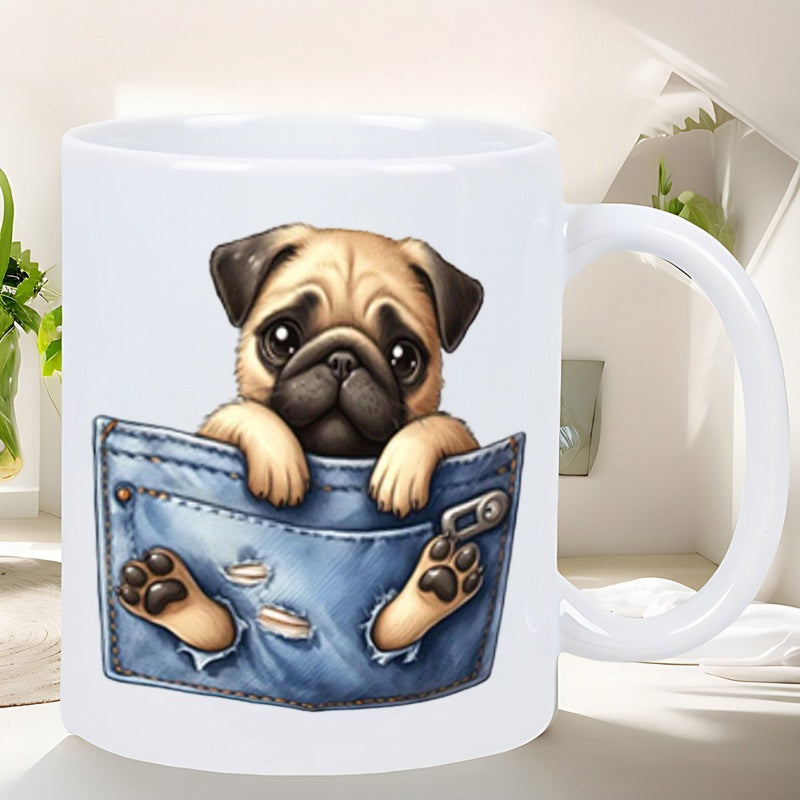 Tailorly White Ceramic 11 oz Mug - Adorable Little Puppy Peeking Out From Inside A Blue Denim Pocket Pug