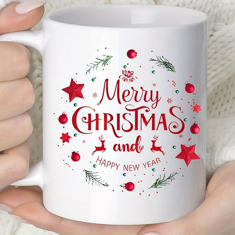 Tailorly White Ceramic 11 oz Mug - Merry Christmas And Happy New Year Festive Circular Wreath With Pine Branches Stars And Reindeer Ornament