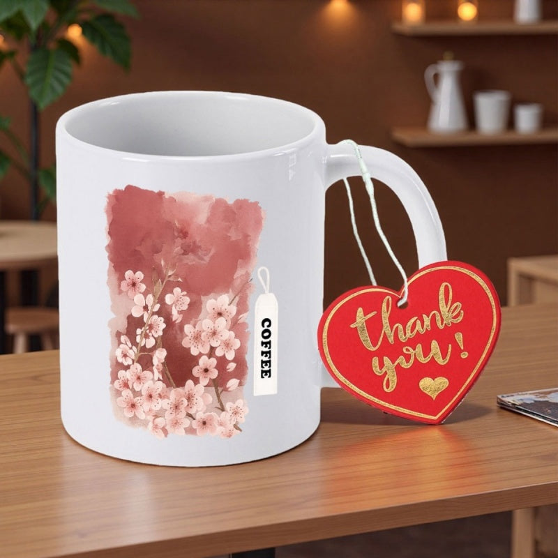 Tailorly White Ceramic 11 oz Mug - Thank You Coffee Elegant Pink Cherry Blossoms Blooming Against Artistic Watercolor Background Backdrop Flower