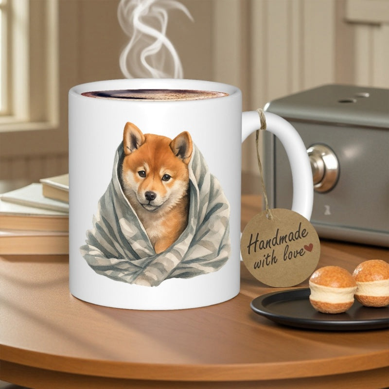 Tailorly White Ceramic 11 oz Mug - Handmade With Love Cute Brown Dog Wrapped Snugly Inside A Grey Striped Warm Blanket Shiba Inu