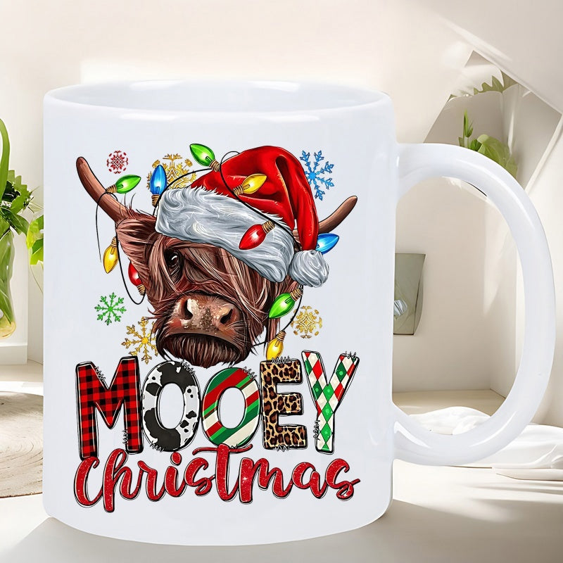 Tailorly White Ceramic 11 oz Mug - Mooey Christmas Festive Adorable Highland Cow Wearing Santa Hat And Glowing Decorative Lights Highland Cow