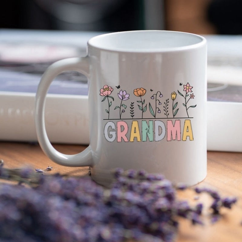 Tailorly White Ceramic 11 oz Mug - Grandma Colorful Wildflowers Blooming In A Row Gracefully Flower