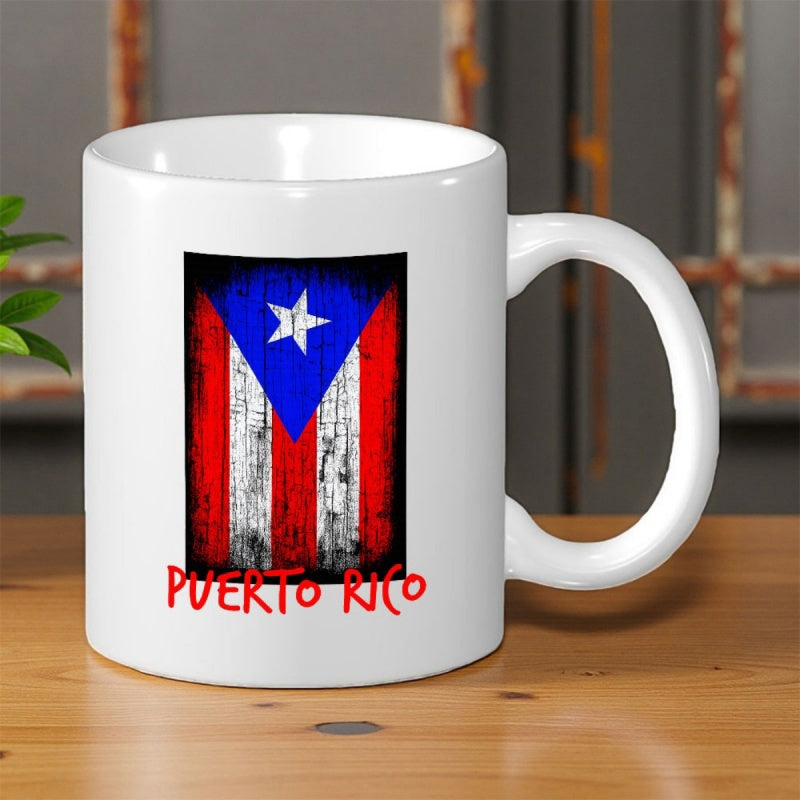 Tailorly White Ceramic 11 oz Mug - Puerto Rico Distressed Vintage Style With Bold Stripes And Radiant Star Flag