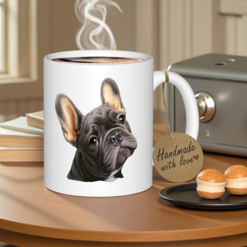 Tailorly White Ceramic 11 oz Mug - Handmade With Love Charming Realistic Black French Bulldog With Large Ears And Gentle Expression Bulldog